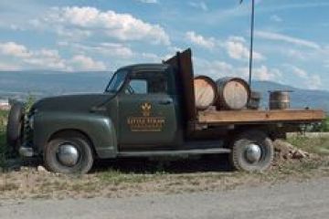 a truck parked on the side of a dirt field